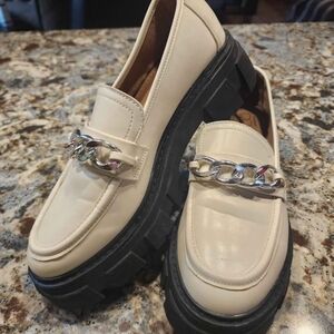 Cream and Black Platform Loafers with Chain Detail